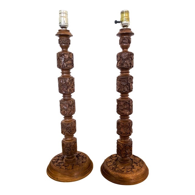 Vintage Hand-Carved Kashmiri Wood Table Lamps — Chinar Leaf & Vine Motif - a Pair For Sale