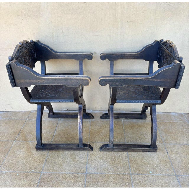 Spanish Renaissance Revival Carved Savonarola Chairs, 1920, Set of 2 For Sale - Image 6 of 11