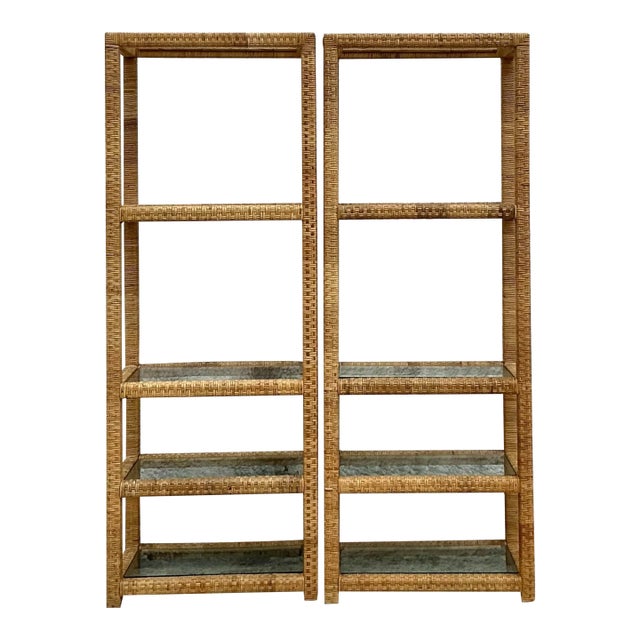 Vintage Coastal Woven Rattan Etagere - a Pair For Sale