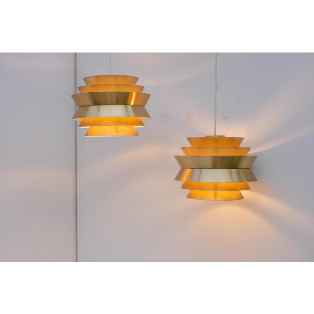 Brass Colored Metal Pendant Trava Lamps by Carl Thore, Sweden from Granhaga Metallindustri, 1960s, Set of 2 For Sale - Image 10 of 14
