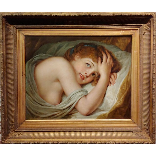 Young Woman Playful in Bed -19th Century Oil Painting For Sale - Image 12 of 12
