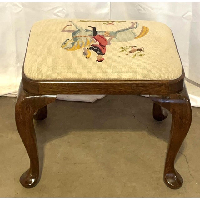 Vintage Queen Anne Walnut Footstool With Equestrian Fox Hunt Needlepoint For Sale - Image 4 of 4