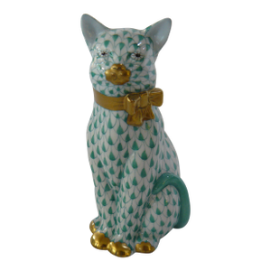 Herend Green Fishnet Cat With Gold Bow