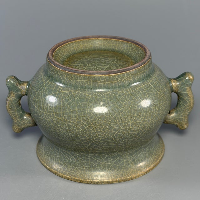 Antique Chinese Longquan Celadon Censer With Double Handles For Sale - Image 4 of 5