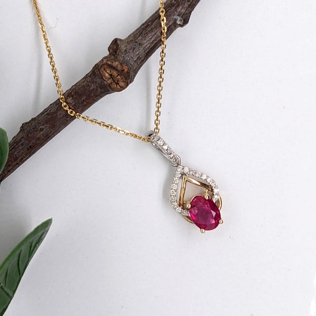 2020s Ruby Pendant W Earth Mined Diamonds in Solid 14k Dual Tone Gold | Oval 6x4mm For Sale - Image 5 of 10