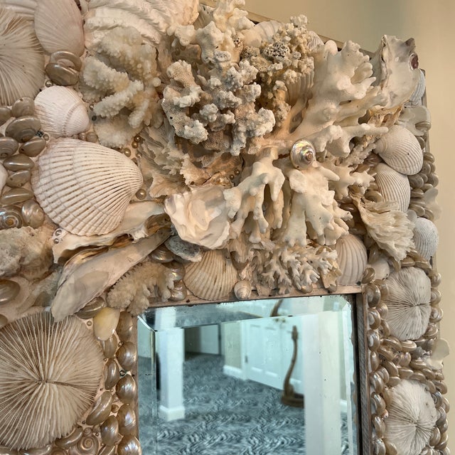 Late 20th Century Vintage White Shell and Coral Encrusted Mirror For Sale - Image 5 of 7