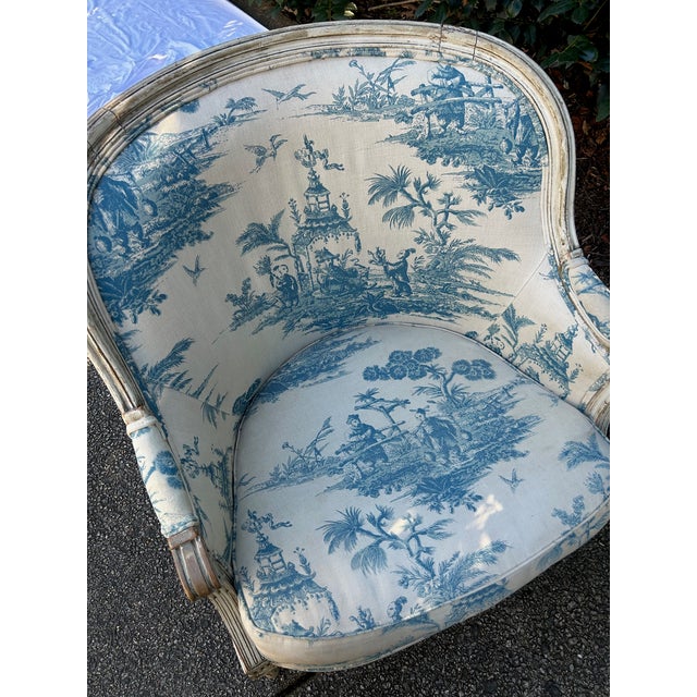 19th Century French Bergere Chair in Blue and White English Toile For Sale - Image 9 of 10