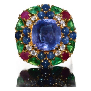Gia Natural 11.84cts vs F Diamond No Heat Sapphire Ruby Emerald 18k Gold Dinner Cocktail Ring, Size 6.75 For Sale