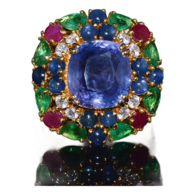 Gia Natural 11.84cts vs F Diamond No Heat Sapphire Ruby Emerald 18k Gold Dinner Cocktail Ring, Size 6.75 For Sale