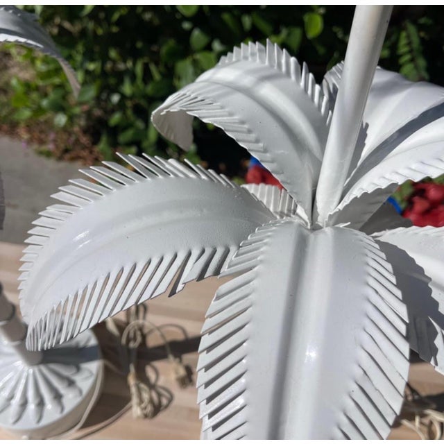 White Vintage Tole Painted Metal Palm Tree Form Table Lamps, a Pair For Sale - Image 8 of 12