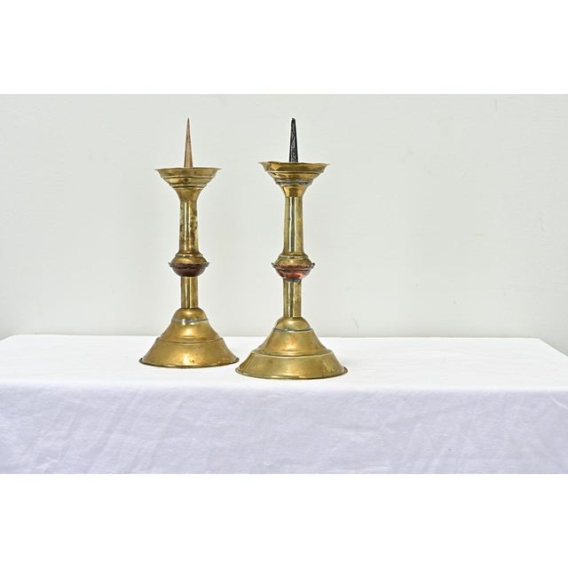 Rustic European Dutch 19th Century Brass Pricket Candlesticks - A Pair For Sale - Image 3 of 7