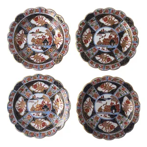 Japanese Porcelain Appetizer Plates, Imari Style, Scalloped Edge, Mid-20th Century