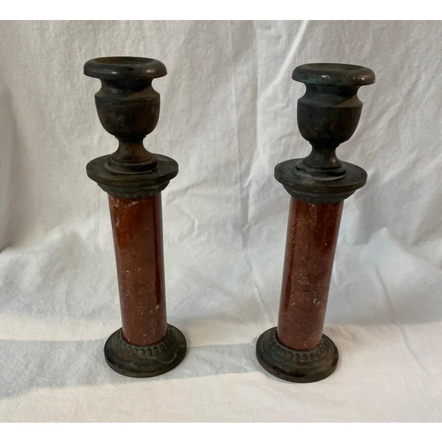Traditional Vintage Sarreid Ltd. Marble & Verdigris Candle Stick Holders- a Pair For Sale - Image 3 of 11