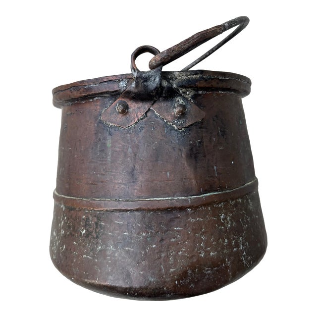 Antique Primitive Sculptural Hand Forged Copper Pot Cauldron With Forged Iron Handle For Sale
