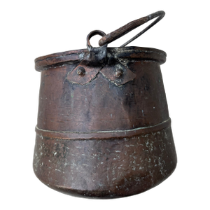 Antique Primitive Sculptural Hand Forged Copper Pot Cauldron With Forged Iron Handle