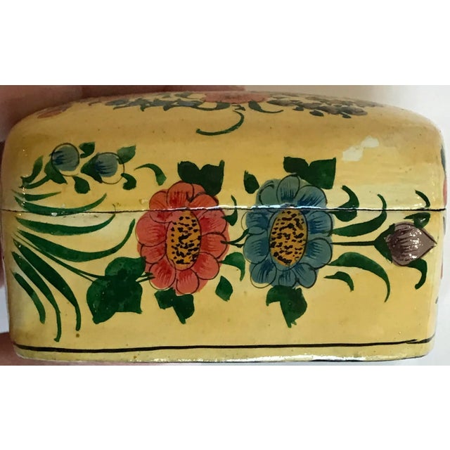 Yellow Vintage Hand Pinted Floral Paper Mache Box From India For Sale - Image 8 of 11