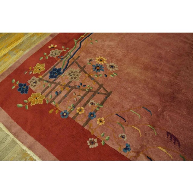 Rose 1920s Pink Rose Open Floral Vase Antique Chinese Art Deco Carpet 9' X 11' 7" Knotted Wool Rug For Sale - Image 8 of 12