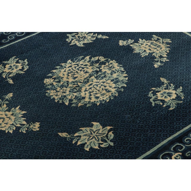 Rug & Kilim Antique Chinese Peking Art Deco Rug in Blue With Ivory Floral Medallions For Sale - Image 4 of 7
