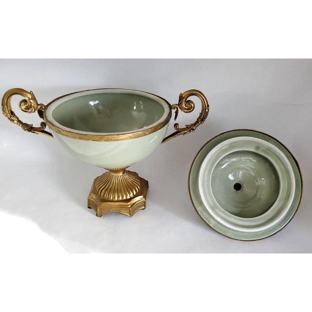 Footed Bowl or Urn Celadon Green & Brass Candy Dish For Sale - Image 9 of 12