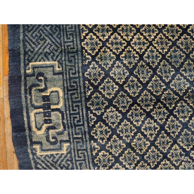 Textile 1920s Antique Square Blue Geometric Greek Key Chinese Baotou Wool Pile Rug For Sale - Image 7 of 12