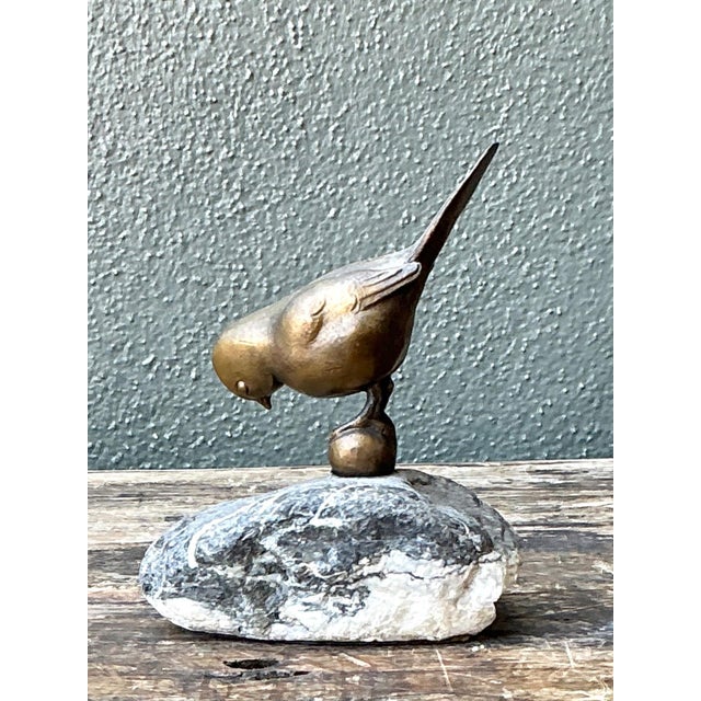 Vintage Bronze Bird Sculpture on Stone Base For Sale - Image 4 of 14