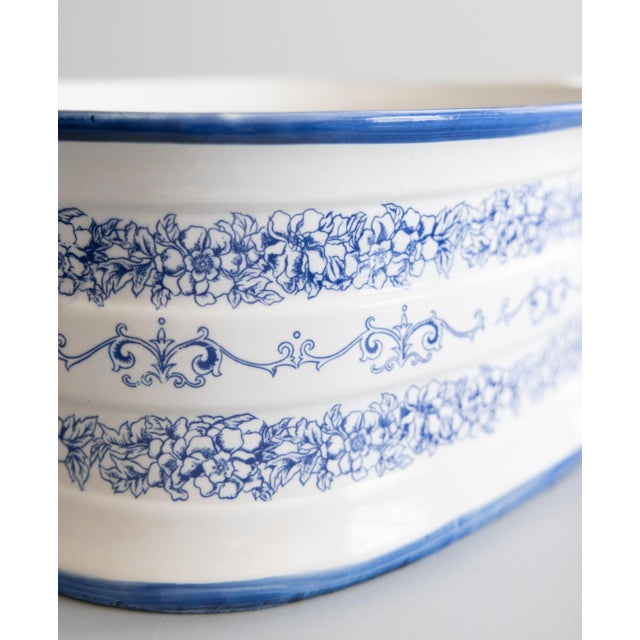Blue Vintage Italian Blue & White Porcelain Foot Bath Jardiniere Centerpiece For Sale - Image 8 of 11