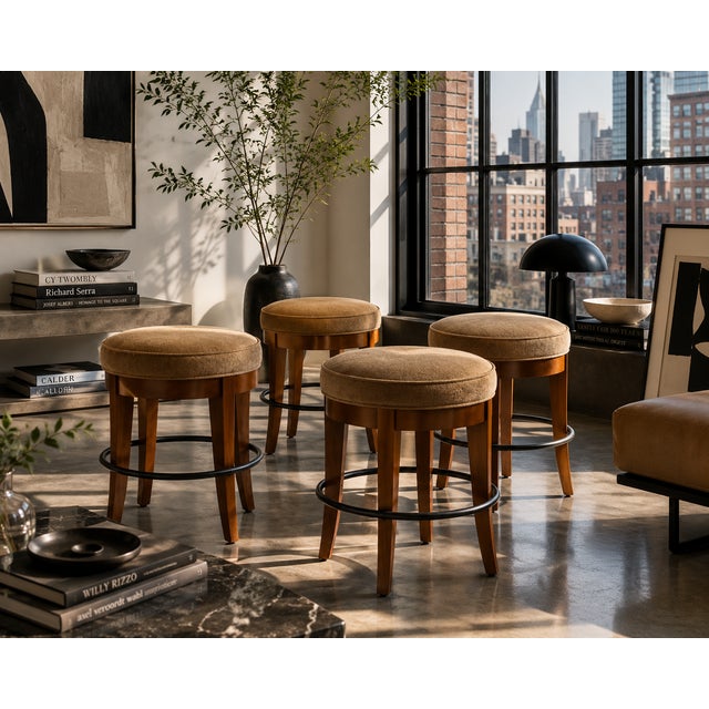 Transitional 1990s Swaim Upholstered Counter Stools With Wood Bases and Metal Footrests - Set of 4 For Sale - Image 3 of 17
