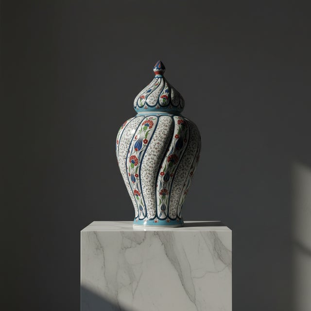 White Handmade Ceramic Large Lidded Jar (50cm) Swirling Golden Horn & Floral Pattern – Grand Temple Jar Centerpiece For Sale - Image 8 of 8