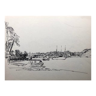 1970s Caribbean Harbor Drawing by Hayward Cirker For Sale