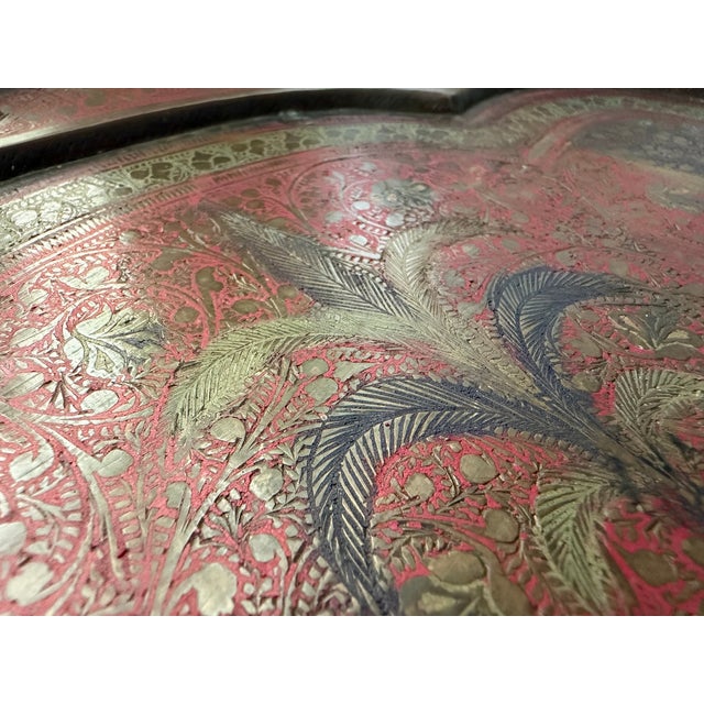 Metal Antique Indo Persian Brass Tray With Red Lacquer Inlay, Hand Etched Jaipur Brassware, Vintage Scalloped Handled Serving Tray For Sale - Image 7 of 9