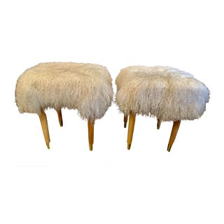 Pair of Custom Made Tibetan Covered Ottomans With Natural Wood Legs. For Sale
