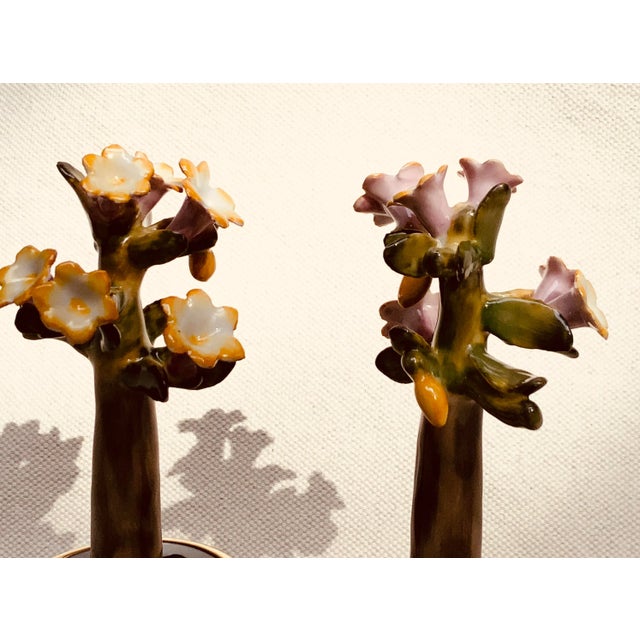 Enchanting Pair of French Hand-Painted Porcelain Primrose Topiaries in Gilded Cachepots, 1920s For Sale - Image 10 of 11