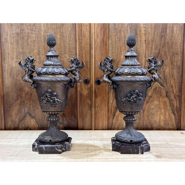 Napoleon III Covered Vases in Spelter with Marble Bases, Set of 2 For Sale - Image 6 of 13