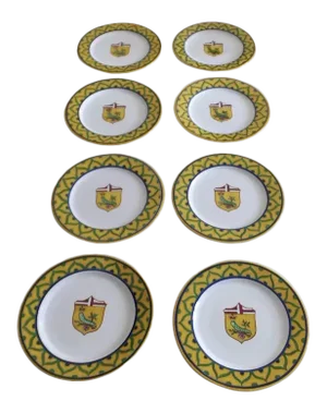 Vintage Italian Faience Grazia Deruta Pottery Chargers 13" Shield Crest Caterpillar - Set of 8