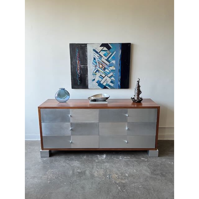 1980s Post Modern Mahogany & Aluminum 6 Drawer Dresser For Sale - Image 4 of 17