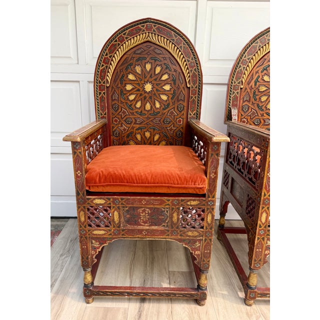 Moroccan Vintage Moroccan Hand-Painted Carved Wood Throne Chairs - Pair For Sale - Image 3 of 18