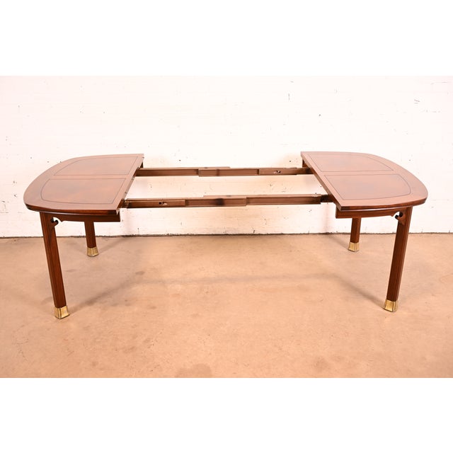 Wood Henredon Mid-Century Modern Hollywood Regency Chinoiserie Walnut and Burl Wood Extension Dining Table | Newly Refinished For Sale - Image 7 of 13