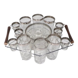 Mid 20th Century 13 Silver Band Drink Set With Chrome and Wood Caddy For Sale