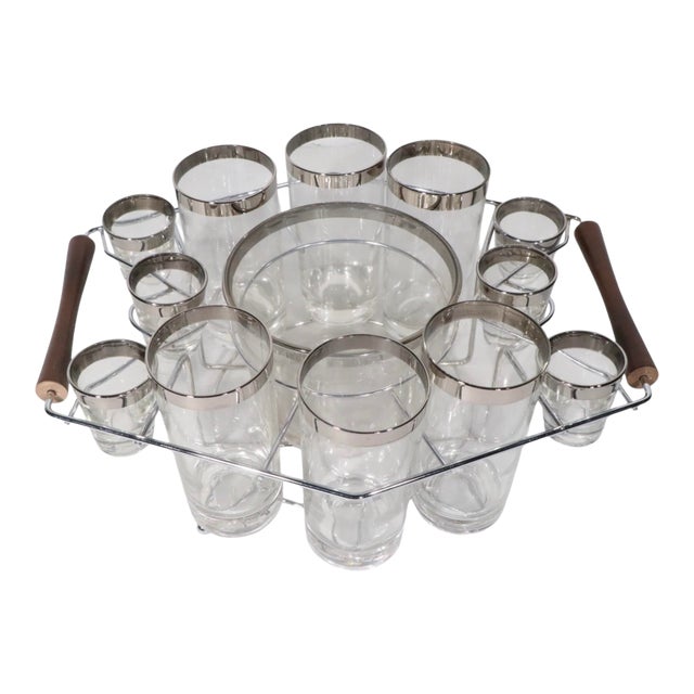 Mid 20th Century 13 Silver Band Drink Set With Chrome and Wood Caddy For Sale