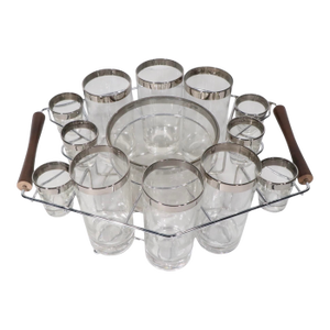 Mid 20th Century 13 Silver Band Drink Set With Chrome and Wood Caddy