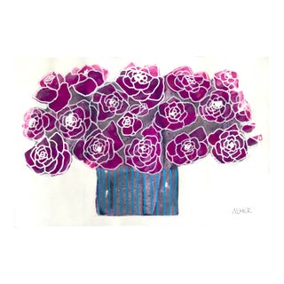 Contemporary Original Painting on Paper by CL Auker, “Pink Roses, Blue Stripe Vase” For Sale
