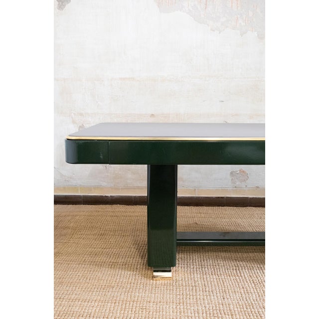Metal Green Lacquered Console Table with Leather Top and Brass Details, 1970s For Sale - Image 7 of 8