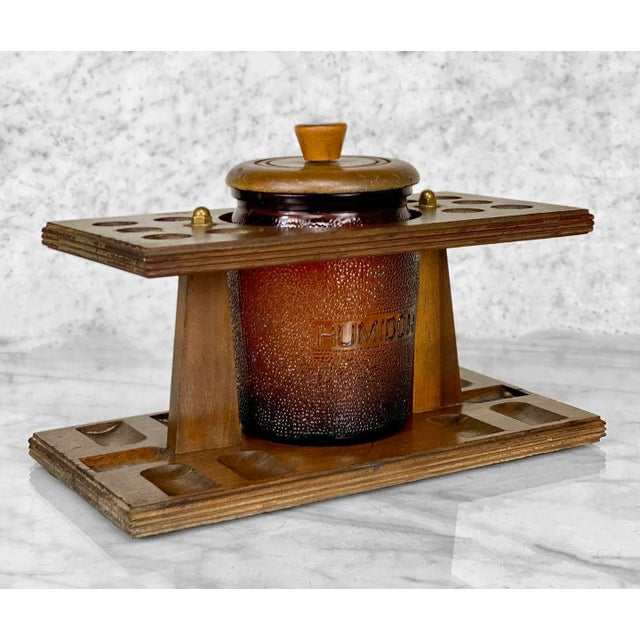 Vintage Traditional Walnut Estate Pipe Display Stand W/ Amber Glass