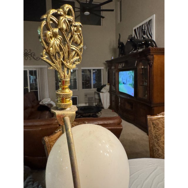 Almond Vintage Mid-Century Modern Ceramic Table Lamp With a Textured, Fat Lava Glaze Base and Gold Floral Detailing. For Sale - Image 8 of 11