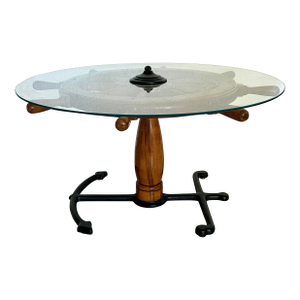 Vintage Ships Wheel Nautical Coffee Table With Glass Top & Cast Iron Black Anchor Base