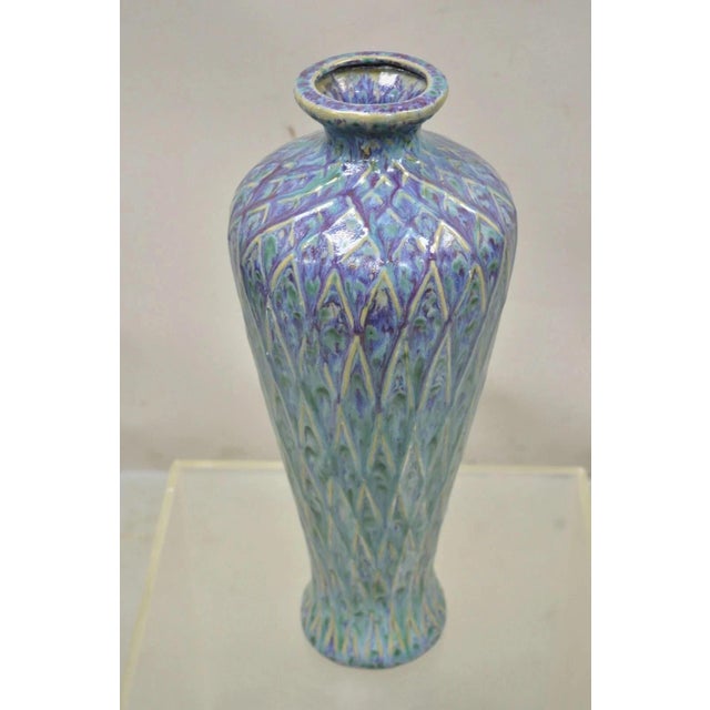 20th C. Mid Century Modern Ceramic Pottery Glazed Feather Pulled 20" Purple Blue Vase For Sale - Image 11 of 11
