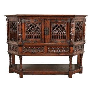 Antique French Gothic Revival Oak Bar Cabinet With Carved Figures, Circa 1890s For Sale