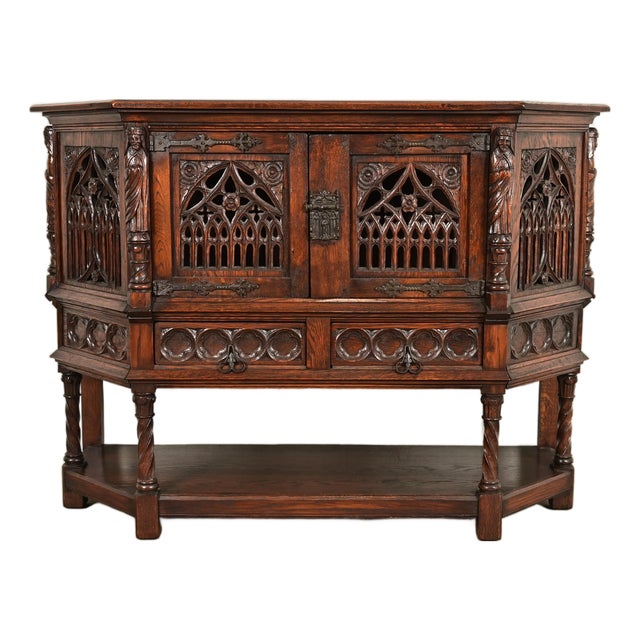 Antique French Gothic Revival Oak Bar Cabinet With Carved Figures, Circa 1890s For Sale