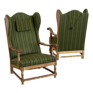 Scandinavian Oak Wingback Lounge Chairs in Striped Wool, 1940s, Set of 2 For Sale
