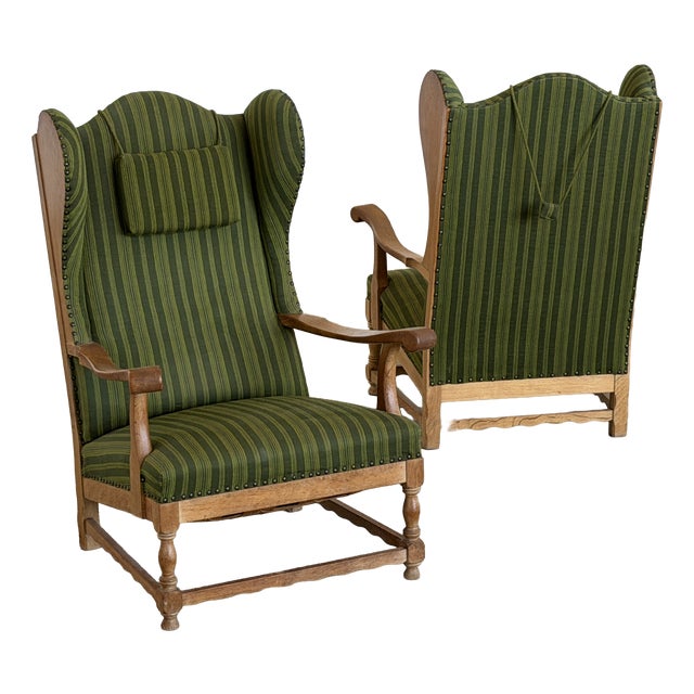 Scandinavian Oak Wingback Lounge Chairs in Striped Wool, 1940s, Set of 2 For Sale